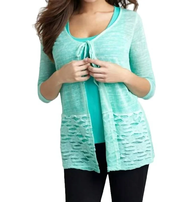 Tie-Front Melange Cardigan In TealHiking Knit Tops