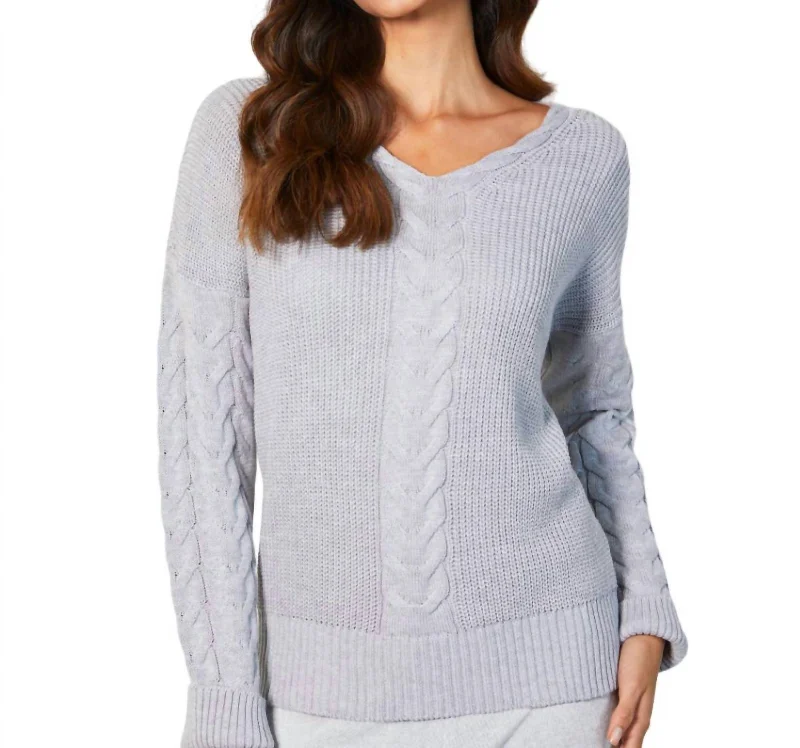 V-Neck Cable Knit Sweater In SlateThermal Knit Tops