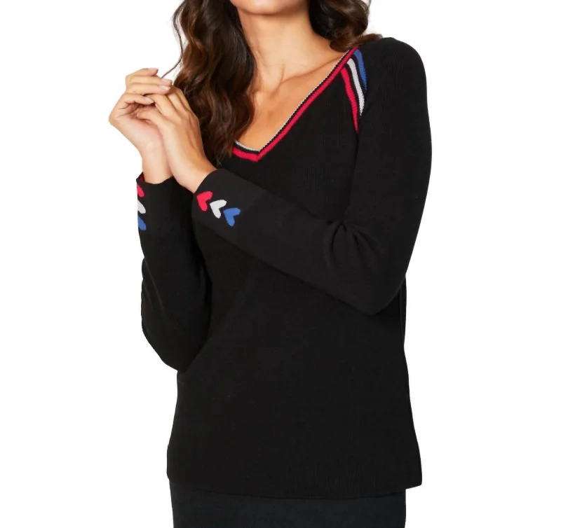 V-Neck Knit Top In Black/multiFleece Knit Tops