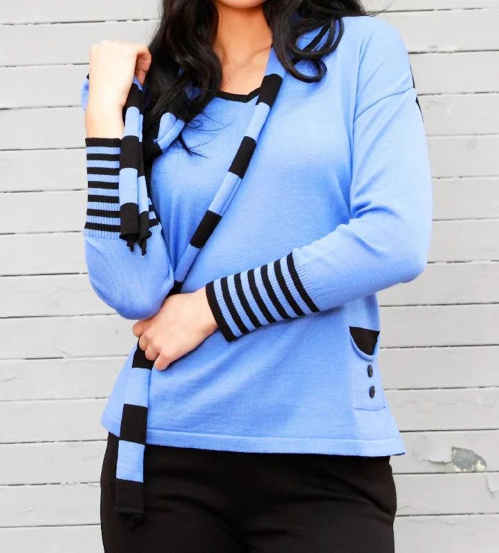 V-Neck Sweater With Scarf In Periwinkle/blackAsymmetrical Knit Tops