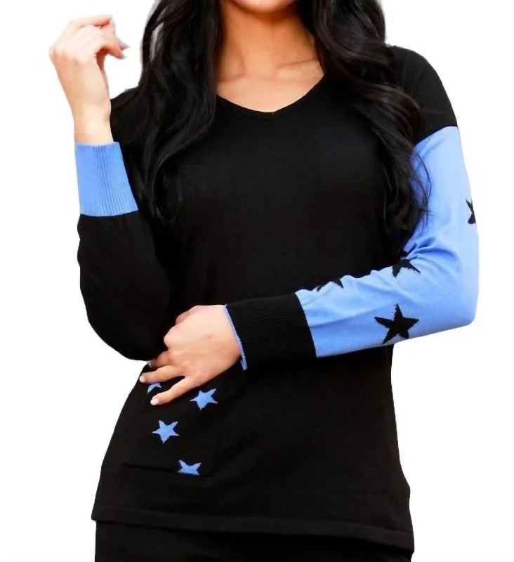 V-Neck Sweater With Stars In Black/periwinkleAngora Knit Tops