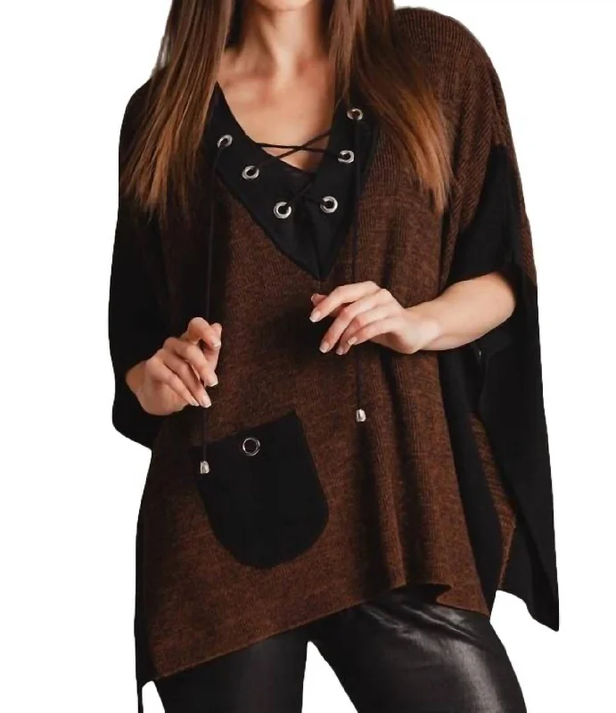 V-Neck Tie Up Poncho In BrownOrganic Cotton Knit Tops