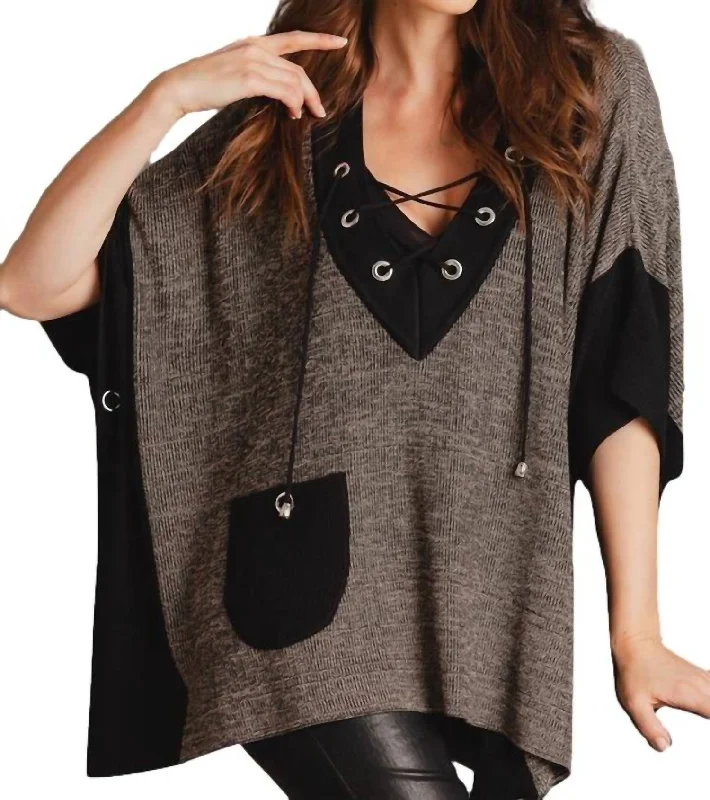 V-Neck Tie Up Poncho In StoneVelvet Knit Tops