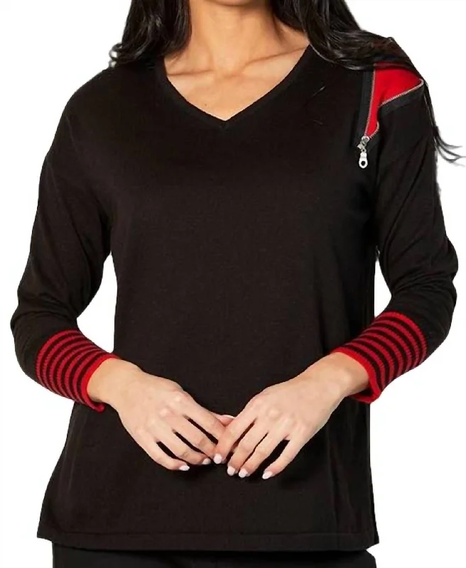 V-Neck Zipper Sweater In BlackPlush Knit Tops