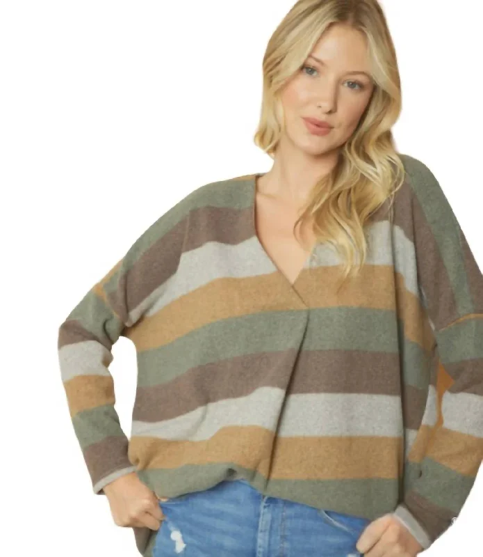 Vneck Front Placket Striped Sweater In MultiFleece Knit Tops