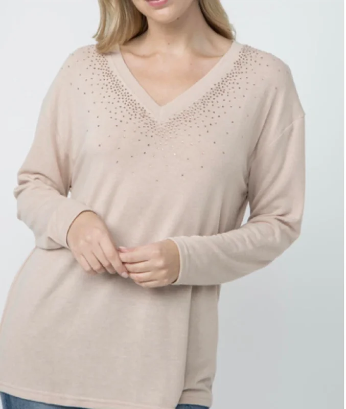 Vneck Long Sleeve Top With Stones On Neckline In SandThermal Knit Tops