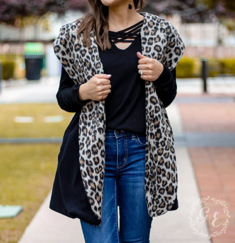 Warm And Together With Leopard Vest Cardigan In BlackThermal Knit Tops