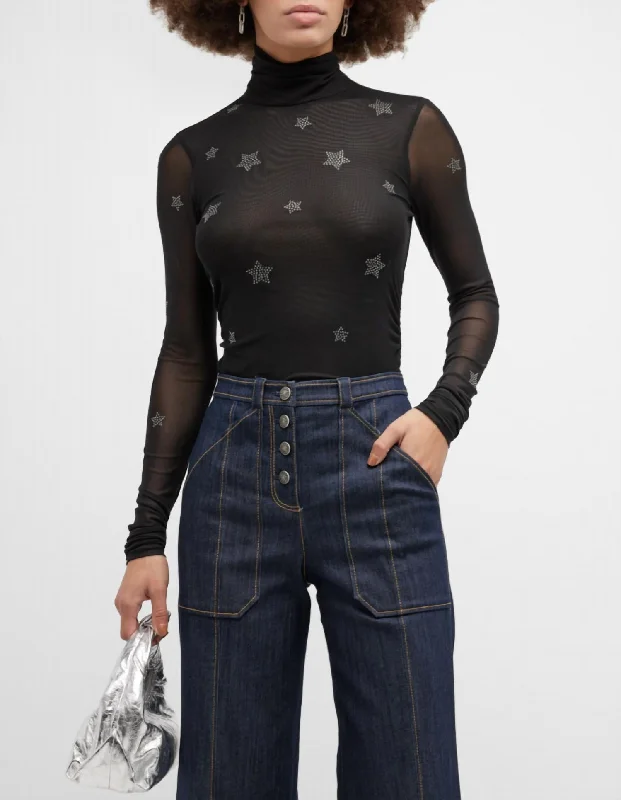 Women Star Shirred Mesh Turtleneck Top In BlackTurtleneck Knit Tops