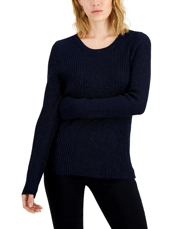 Womens Metallic Ribbed Crewneck SweaterStriped Knit Tops