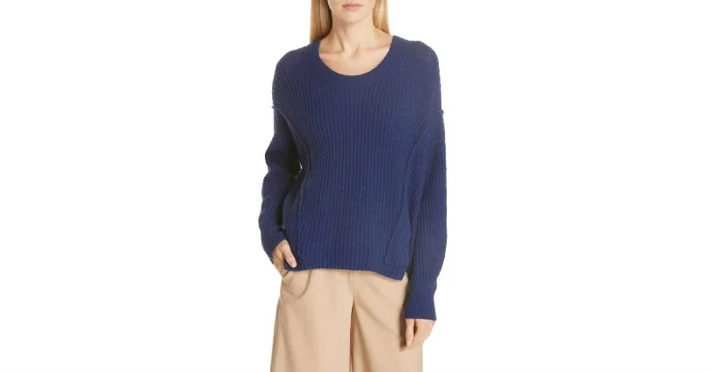 Women's Overlap Panel Bouclé Knit Pullover Sweater In BlueBoat Neck Knit Tops