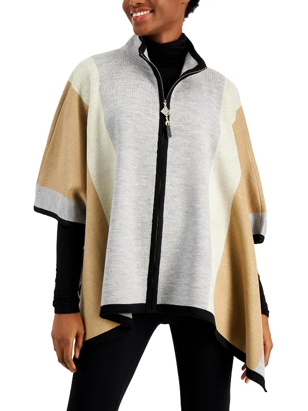 Womens Zip Front Colorblock Poncho SweaterAthletic Knit Tops