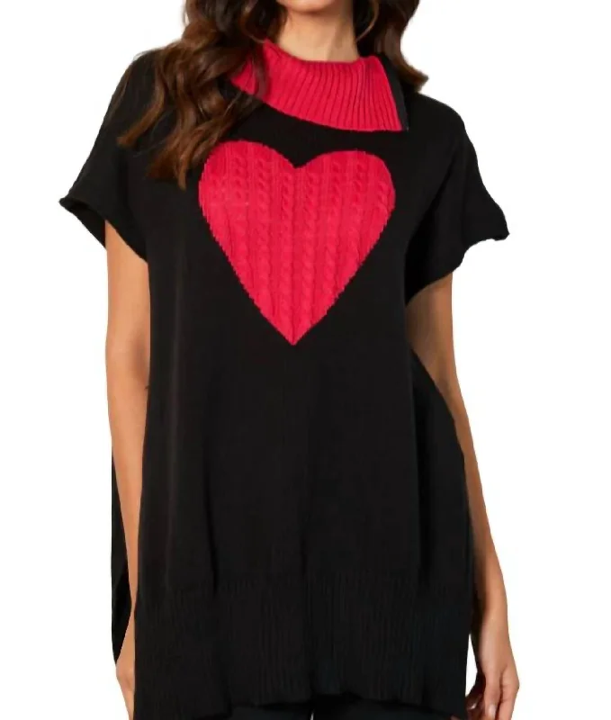 Zip Cowl Neck Heart Poncho In Black/roseLinen Knit Tops