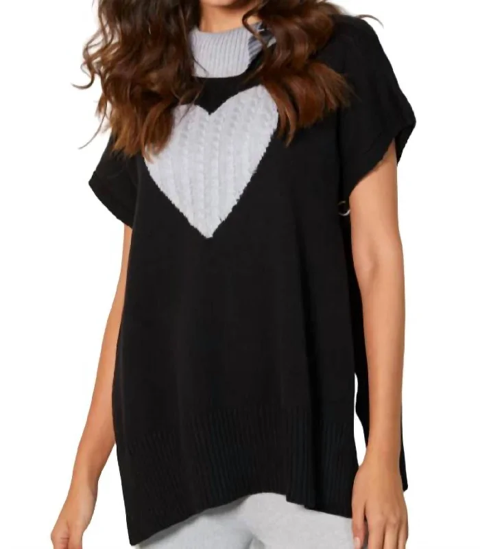 Zip Cowl Neck Heart Poncho In Black/slateRecycled Fabric Knit Tops