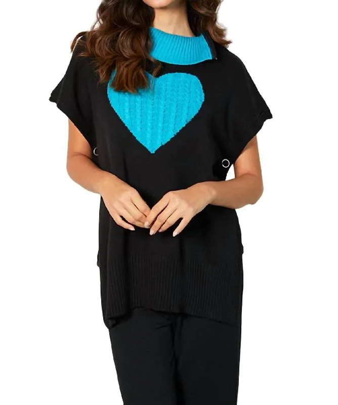 Zip Cowl Neck Heart Poncho In Black/turquoiseOversized Knit Tops