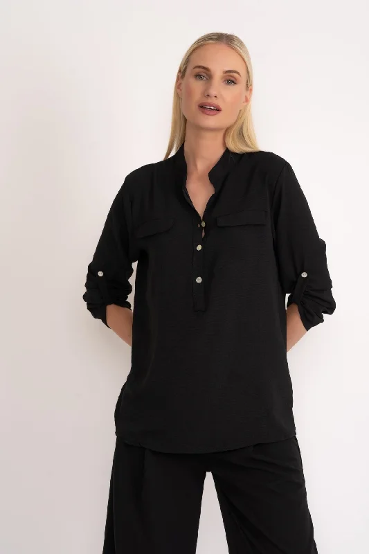 3/4 Length Sleeve Collarless Shirt in BlackSports Team Shirts