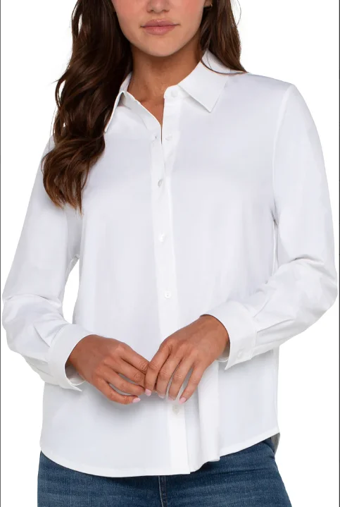 Bethany White Long Sleeve Button Front Knit ShirtChambray Shirts