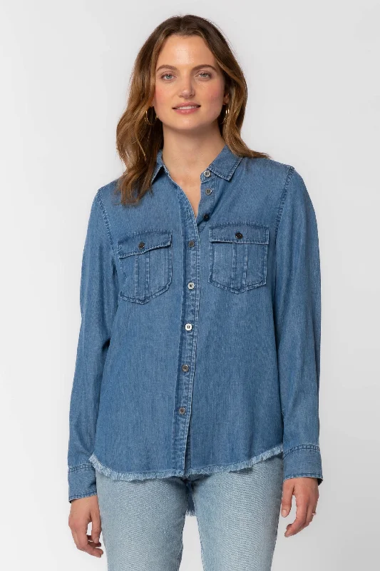 Brea Blue Frayed Hem Long Sleeve ShirtRayon Shirts