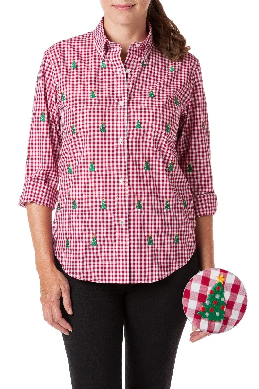 Ladies Button Down Shirt Wide Gingham Red with Christmas TreeZippered Shirts