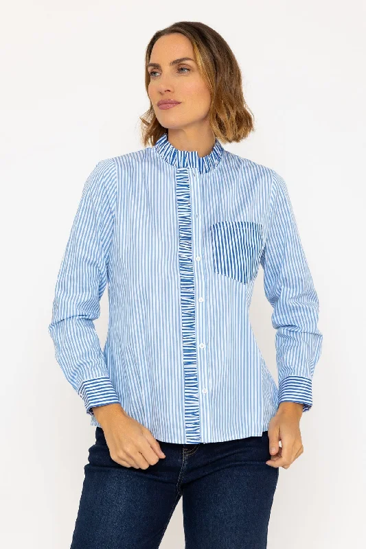 Cotton Ruffle Placket Shirt in BlueAsymmetrical Shirts