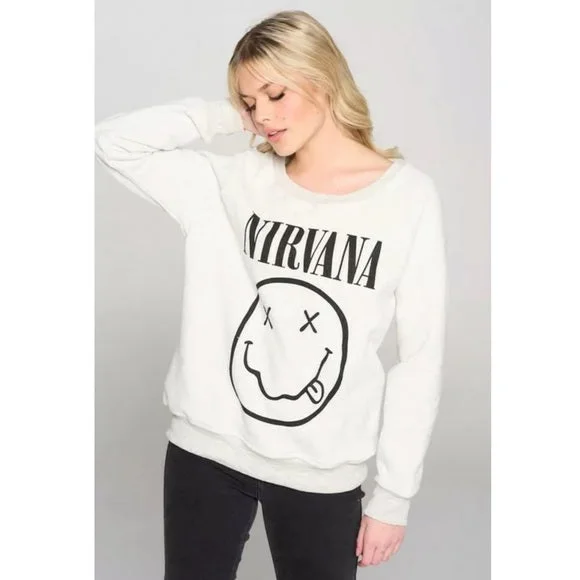 Cream Gray Heathered Nirvana Smiley Face Band Graphic Sweatshirt Casual Women'sLogo Hoodies