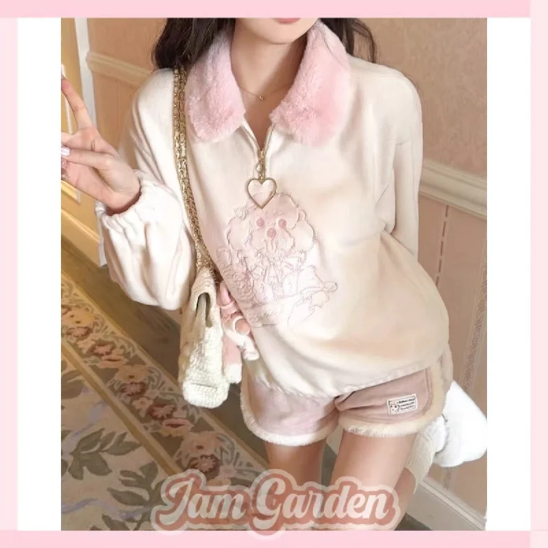 Cute Sweet Embroidered Patchwork Fur Collar Plush Sweatshirt TopMetallic Hoodies