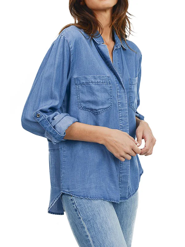 Women's Long Sleeve Button Down Denim Tencel Shirt Blouse w/Cut TailPocket Shirts