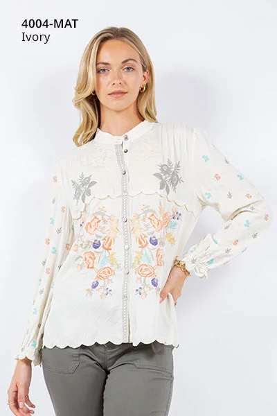 Felicity Embroidered White Button Front ShirtStatement Shirts