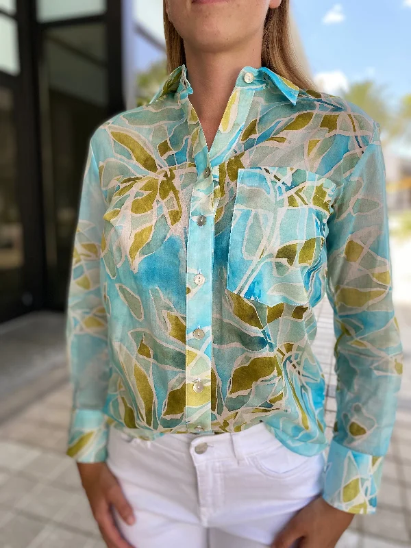 Finley Andie Boyfriend Shirt Seaweed Print Teal MultiCompression Shirts