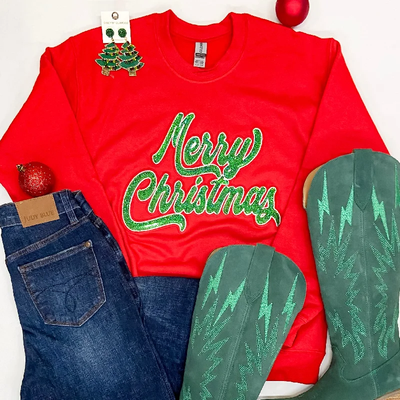 Green Sequin Merry Christmas Patch Graphic Sweatshirt in RedRibbed Cuff Hoodies