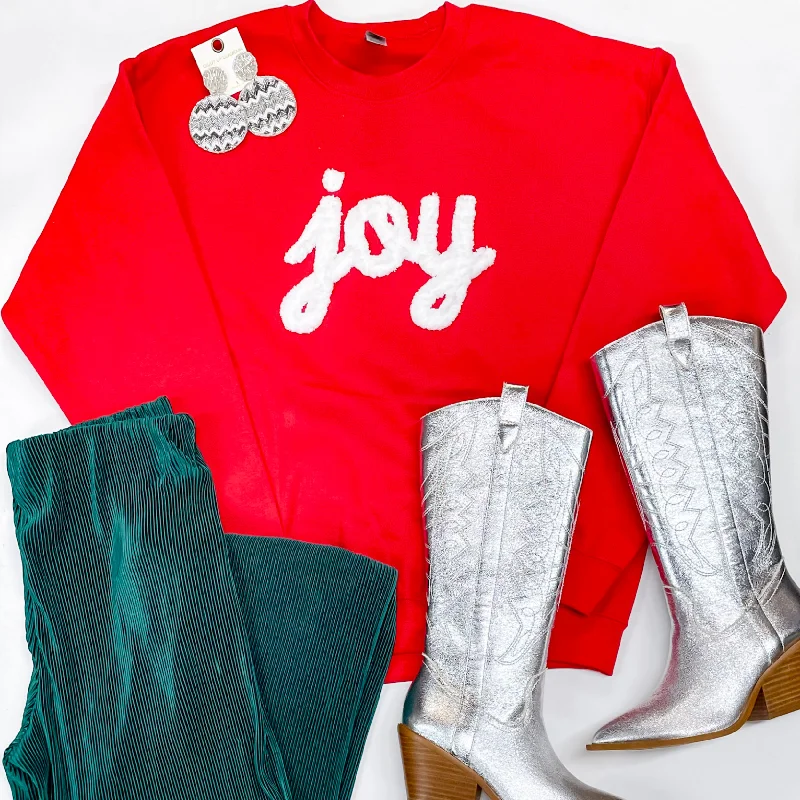 Joy Hand Stitched Christmas Graphic Sweatshirt in RedButton-Up Sweatshirts