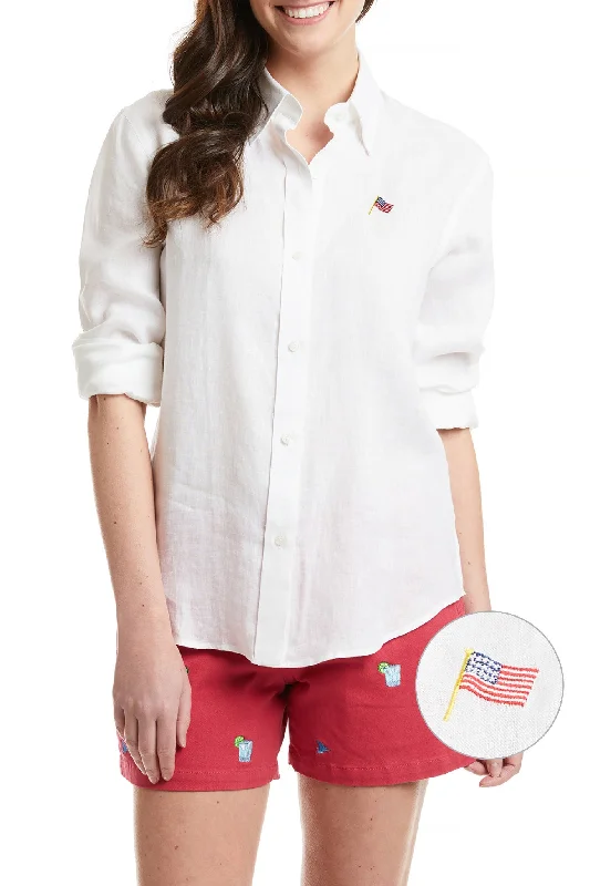 Ladies Button Down Shirt White Linen with USA FlagCropped Shirts