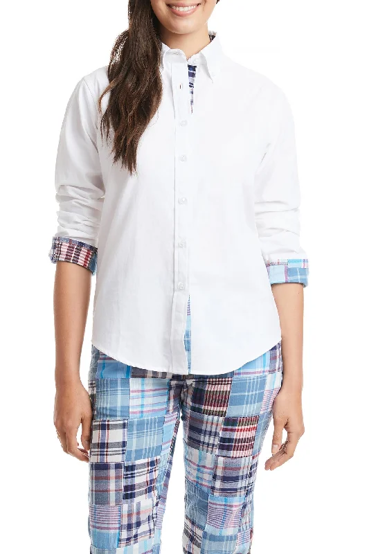 Ladies Button Down Long Sleeve Shirt White Oxford with Seapoint Patch Madras TrimFitted Shirts