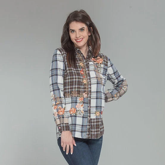 Marielle Embroidered Flannel Plaid ShirtLace-Up Shirts