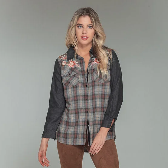 Mavis Embroidered Flannel Black Plaid ShirtOversized Shirts