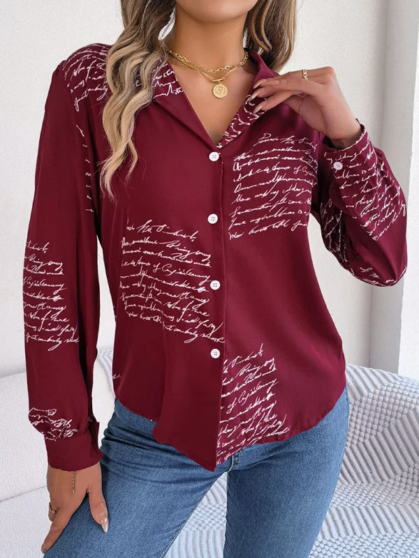 New women's casual all-match letter suit collar long-sleeved shirtButton-Up Shirts