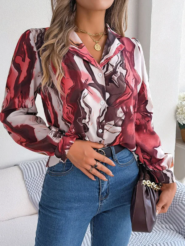 New women's casual color contrast striped suit collar long-sleeved shirtEmbellished Shirts