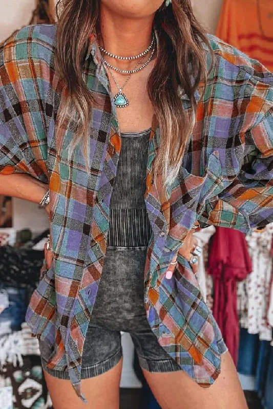 Plaid print loose fit vintage shirtCasual Shirts