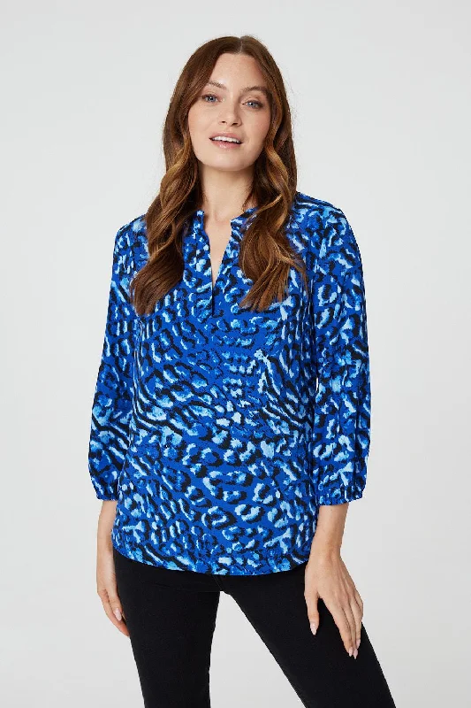 Animal Print Collarless Shirt TopFringed Shirts