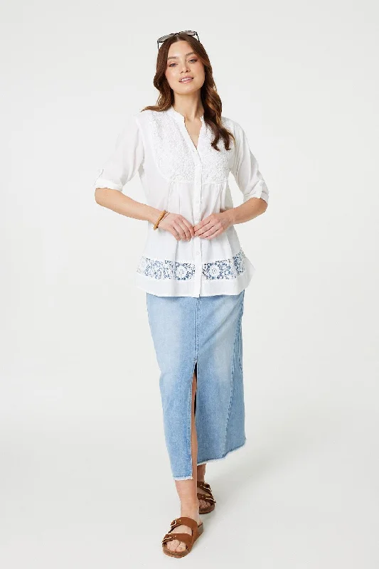 Lace Detail Collarless Button Down ShirtRetro Shirts