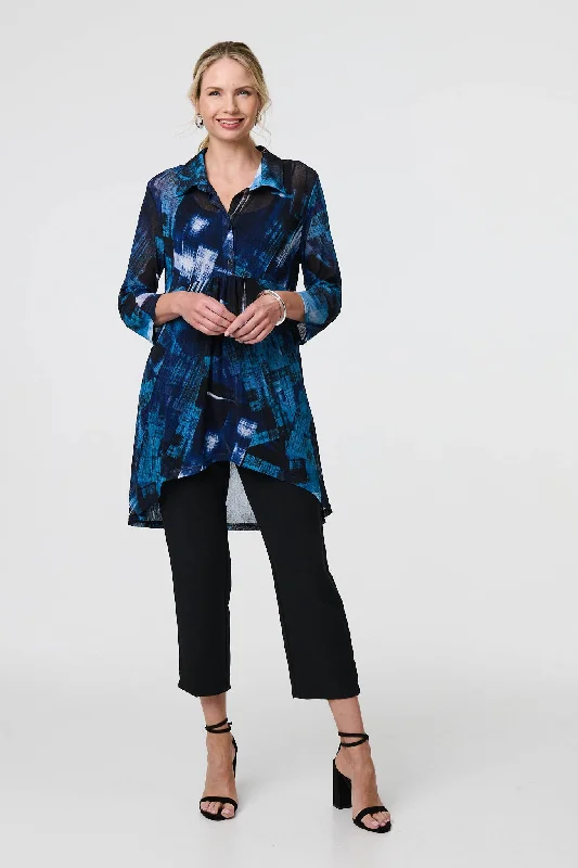 Abstract Sheer Curve Hem Longline ShirtLayered Shirts