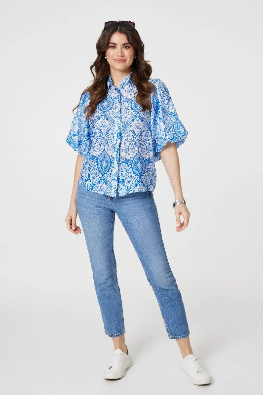 Paisley Print Puff 1/2 Sleeve ShirtSequined Shirts