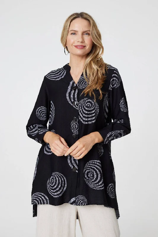 Geo Print Long Sleeve Relaxed ShirtHip-Hop Shirts