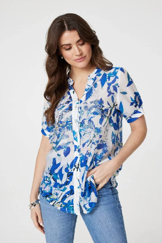 Leaf Print Short Puff Sleeve ShirtStreetwear Shirts