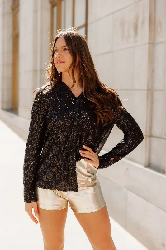 VALENTINA SEQUIN BUTTON DOWN SHIRT IN BLACKHigh-Fashion Shirts