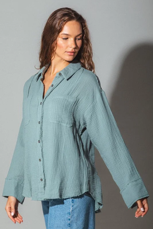 Women Frayed hem detail solid woven shirt top in sea blueThermal Shirts