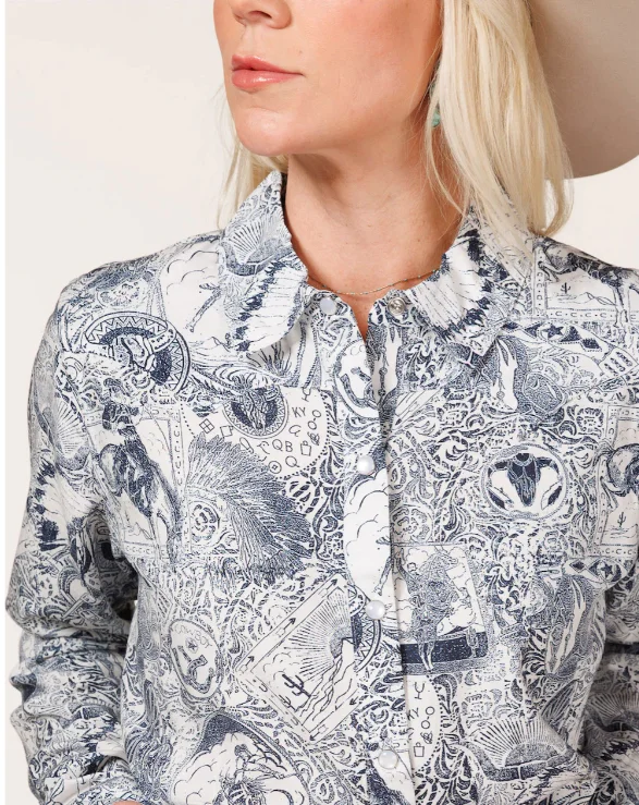 Women's Cheyenne Long Sleeve Western Print Pearl Snap ShirtSheer Shirts