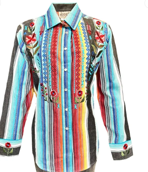 Women's Serape Boho Cascading Embroidery Snap ShirtWrap Shirts