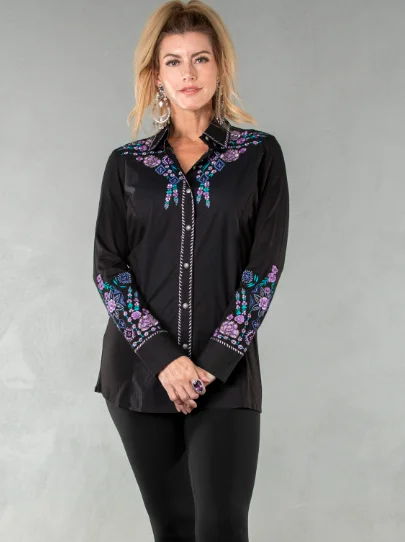 Women's Wisteria Embroidered Long Sleeve Black Snap ShirtLongline Shirts