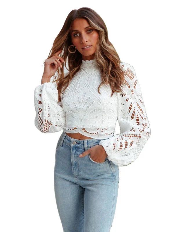 Women's woven sexy elegant fashion hollow lace shirtThermal Shirts