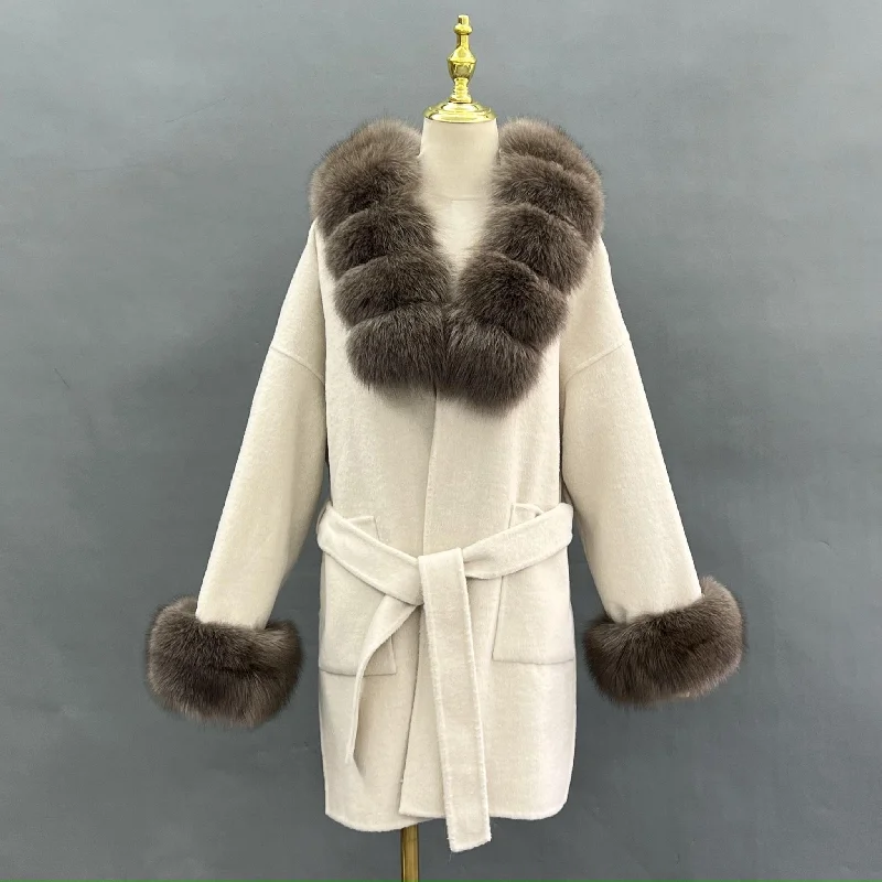 Beige/Chocolate Cashmere Coat With Faux Fur TrimParka Jackets